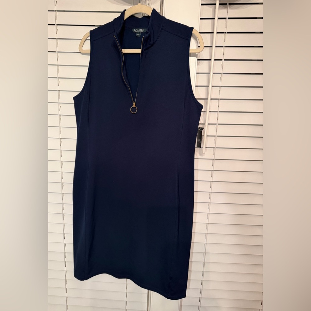 Lauren Ralph Lauren Navy Sleeveless Dress with gold front zip detail